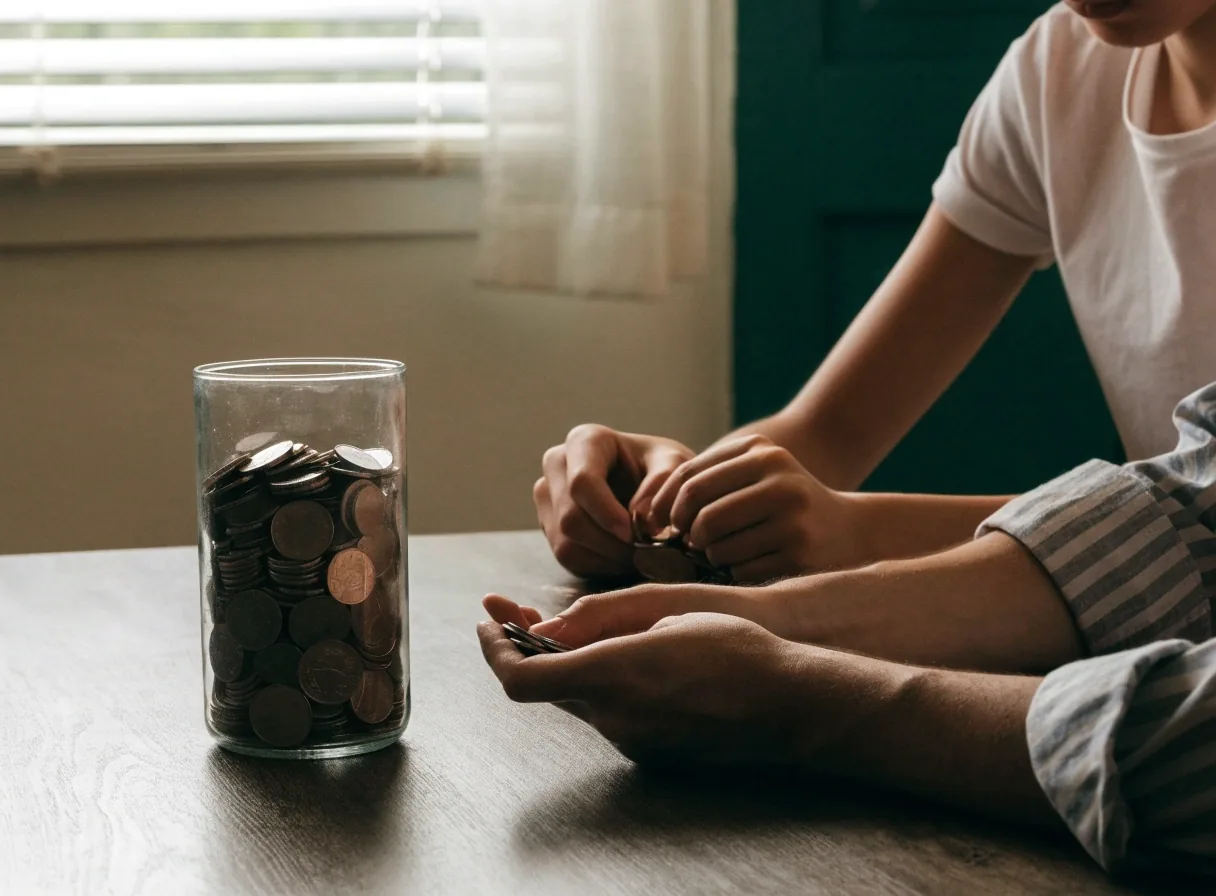 Una mano adulta y una mano joven contando monedas sobre la mesa junto a un frasco de ahorro