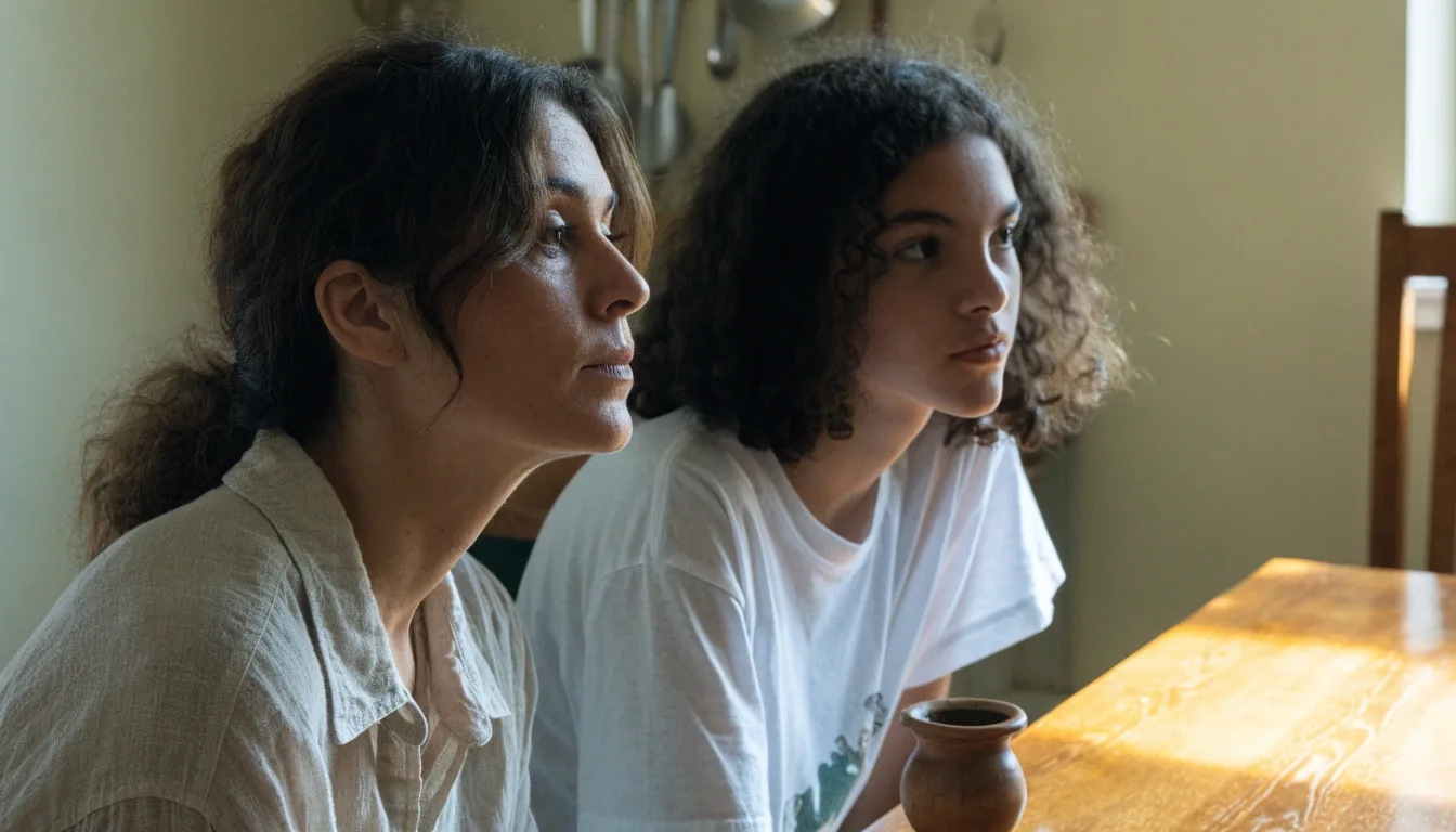 Una adolescente y un adulto sentados a la mesa de una cocina argentina, los dos mirando hacia el mismo punto fuera de cuadro