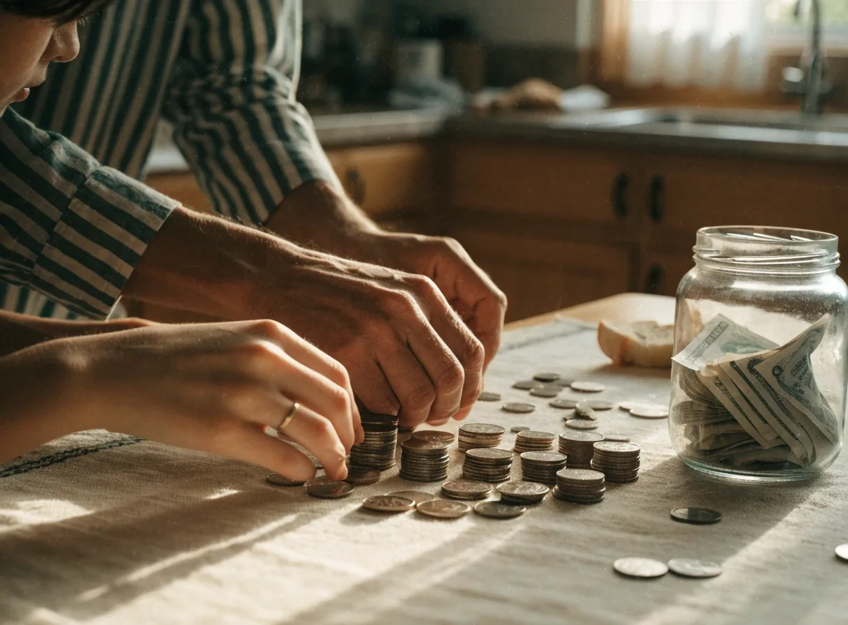 Manos de una familia argentina ordenando monedas y billetes sobre la mesa de la cocina a la luz de la tarde