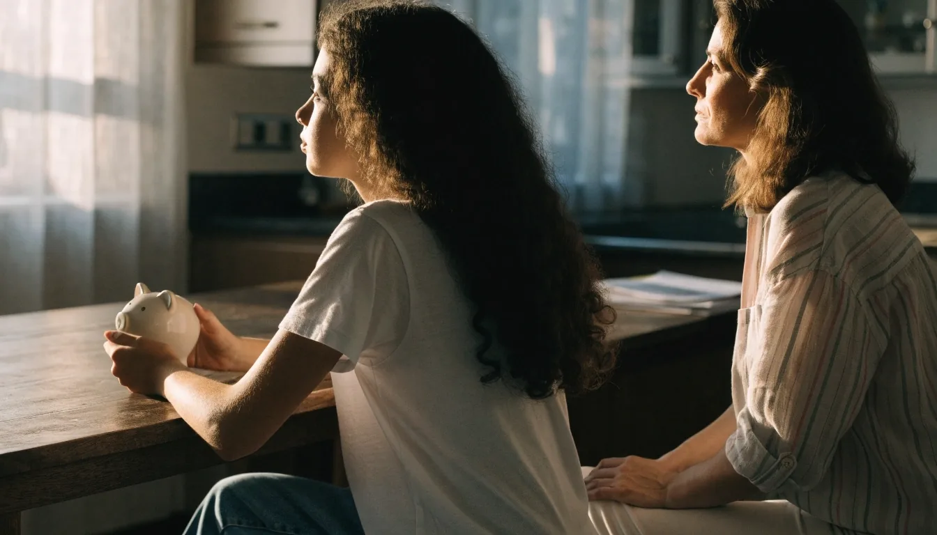 Una adolescente y una persona adulta sentadas de lado a la mesa de la cocina, mirando hacia el mismo punto fuera del cuadro