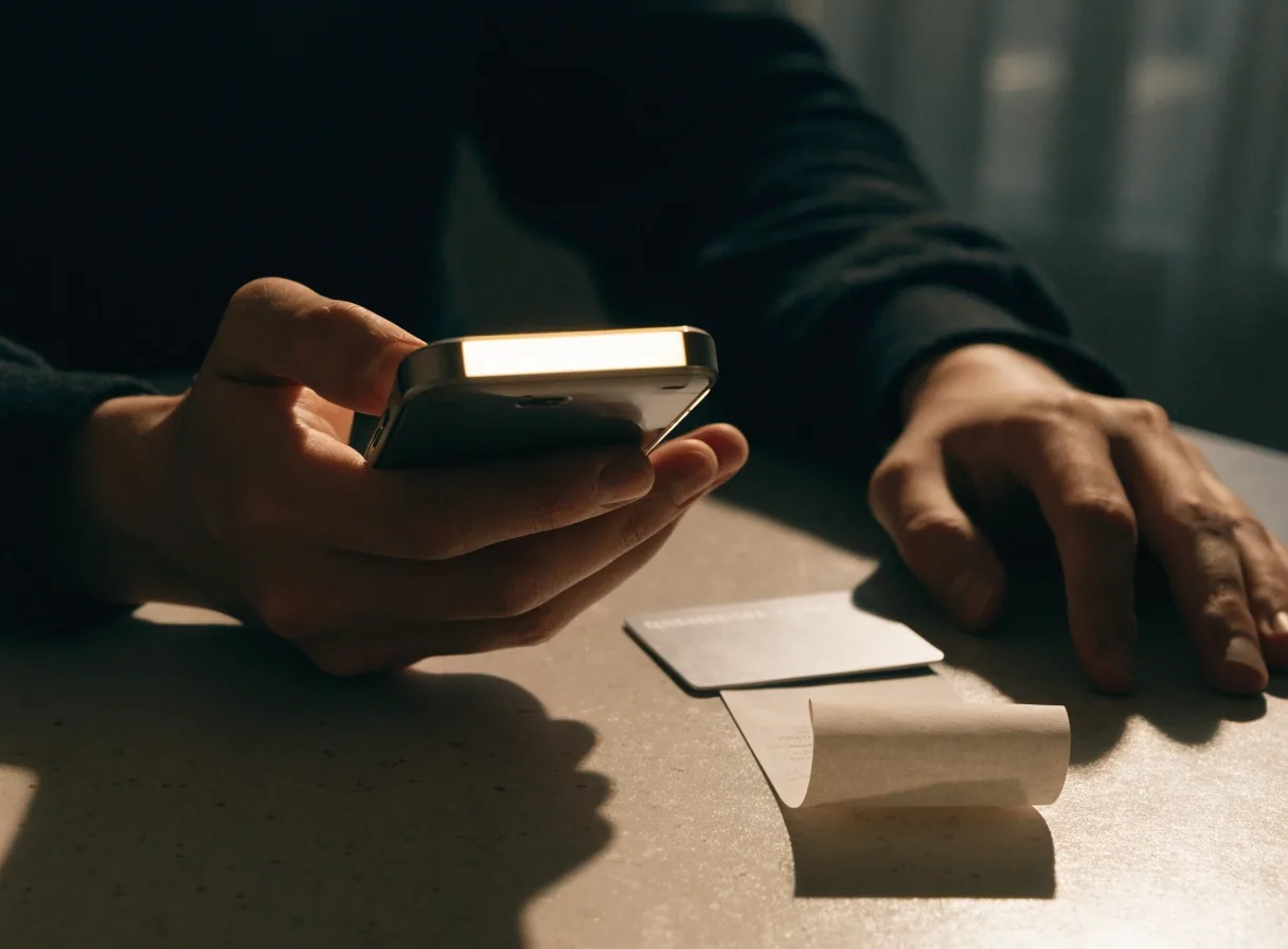 Dos manos frente a una mesa en penumbra doméstica: una sostiene un teléfono en ángulo y la otra descansa junto a una tarjeta y un comprobante sin texto legible