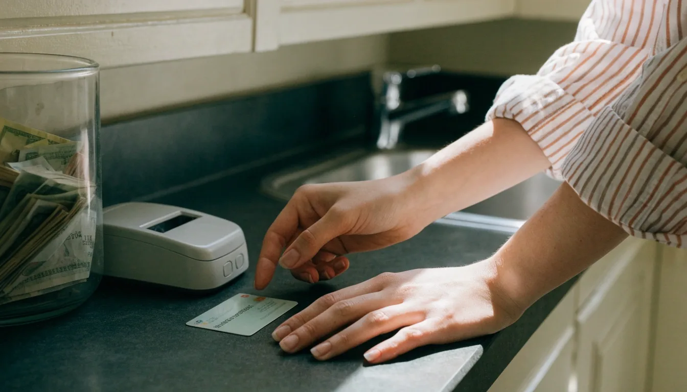 Manos adultas ordenando una tarjeta de débito y un lector de pagos sin marca sobre la mesada de una cocina argentina, junto a un frasco con billetes