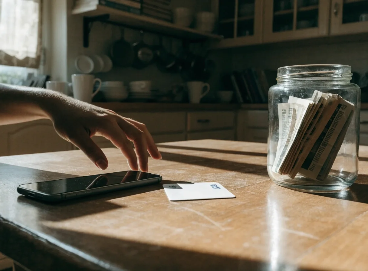 Mesa de cocina argentina a la tarde con un teléfono apoyado, una tarjeta de débito junto a un frasco con billetes doblados y una mano entrando al cuadro