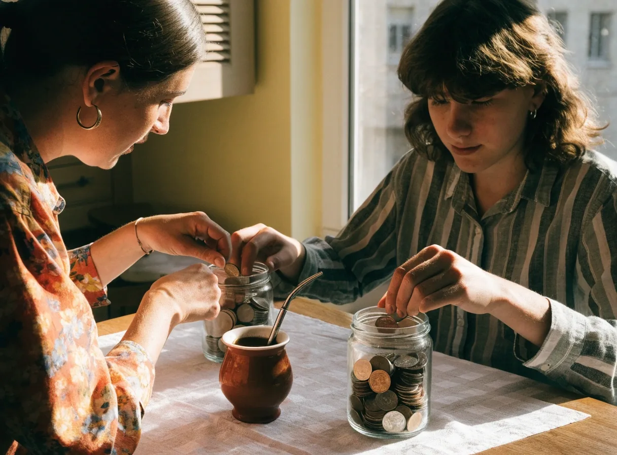 Mesa de cocina argentina a las tres de la tarde con un cuaderno abierto, un frasco de ahorro y manos adultas sobre la mesa