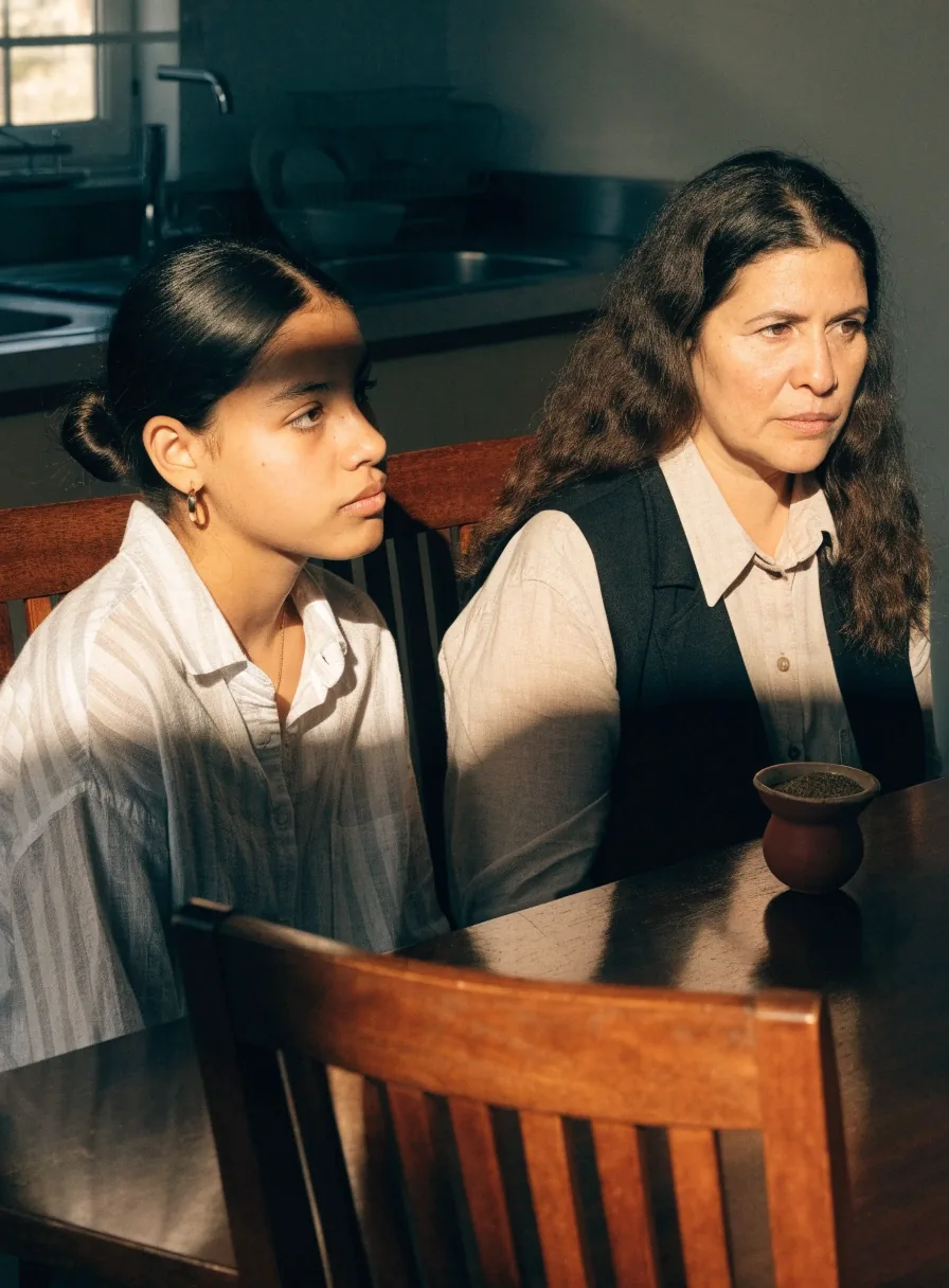 Una adolescente y un adulto sentados de lado a la mesa compartiendo una conversación, luz de ventana desde la izquierda