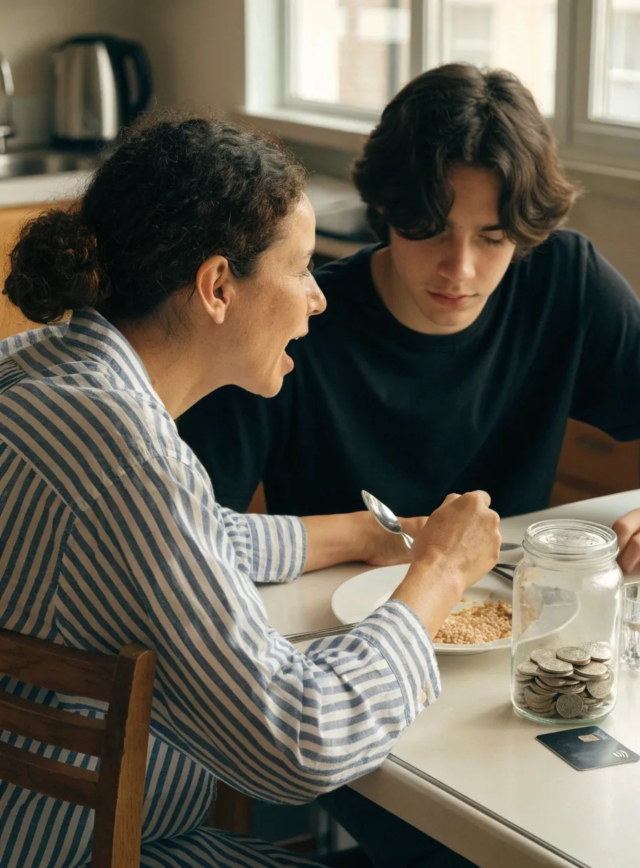 Una mujer adulta escribe en un cuaderno de cuadros sobre una mesa de comedor con luz de ventana lateral