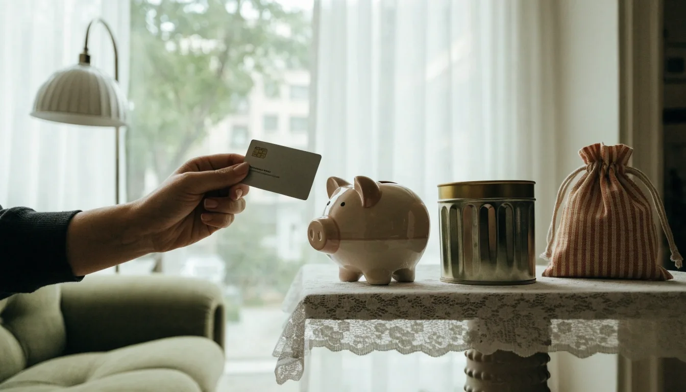 Tres formas distintas de guardar dinero dispuestas en fila sobre una mesa: frasco con billetes, libreta cerrada y carpeta con elástico