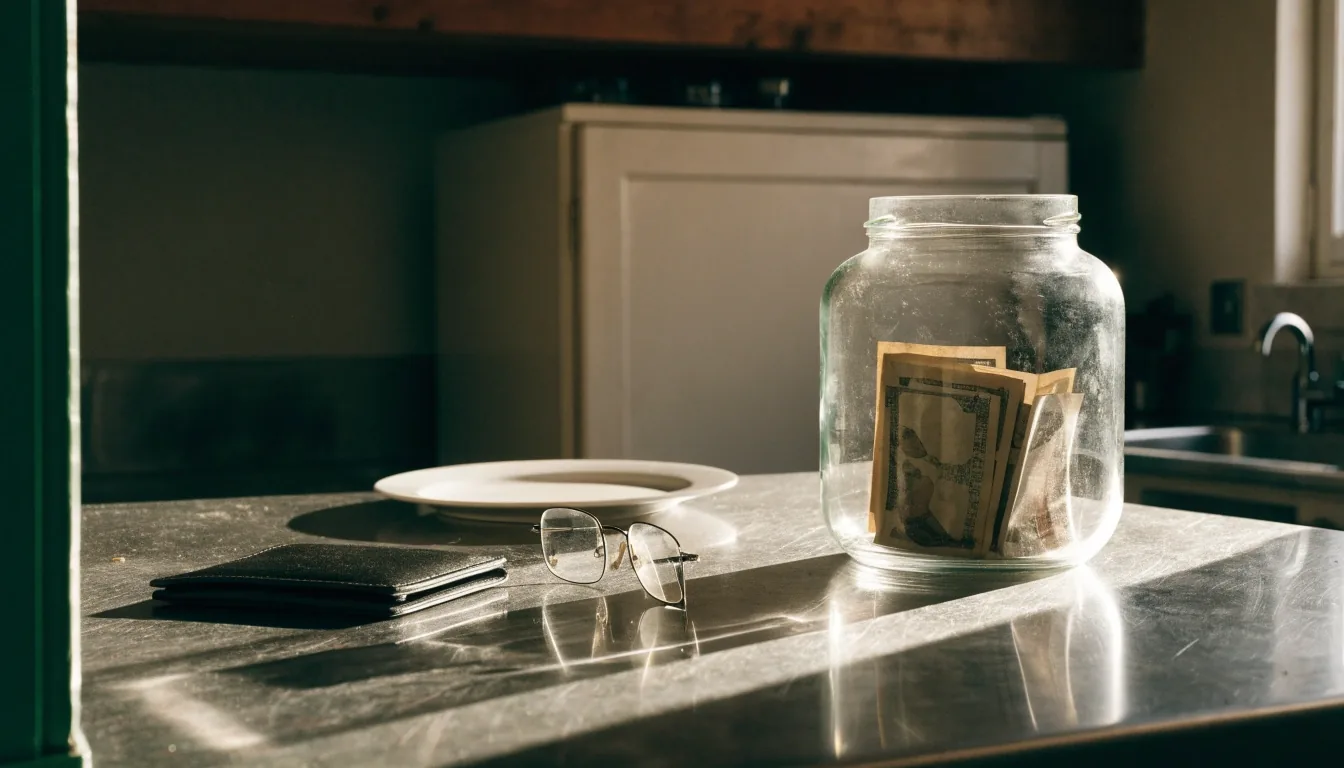 Mesada de cocina a la tarde con un frasco de ahorro, una billetera cerrada y anteojos apoyados
