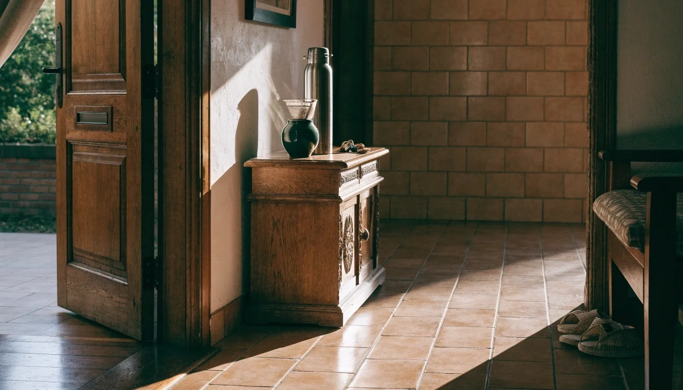 Puerta de entrada de una casa con luz de la tarde sobre el recibidor y un mate apoyado sobre la mesa