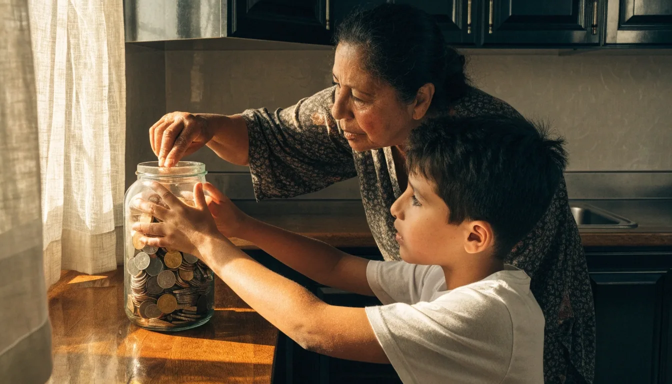 Manos ordenando un cuaderno abierto junto a un frasco con billetes doblados sobre una mesa de cocina en luz de tarde