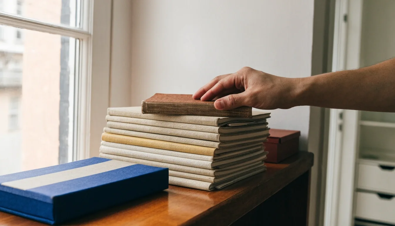 Estantería doméstica con cuadernos y una mano que guarda un cuaderno bajo luz de ventana