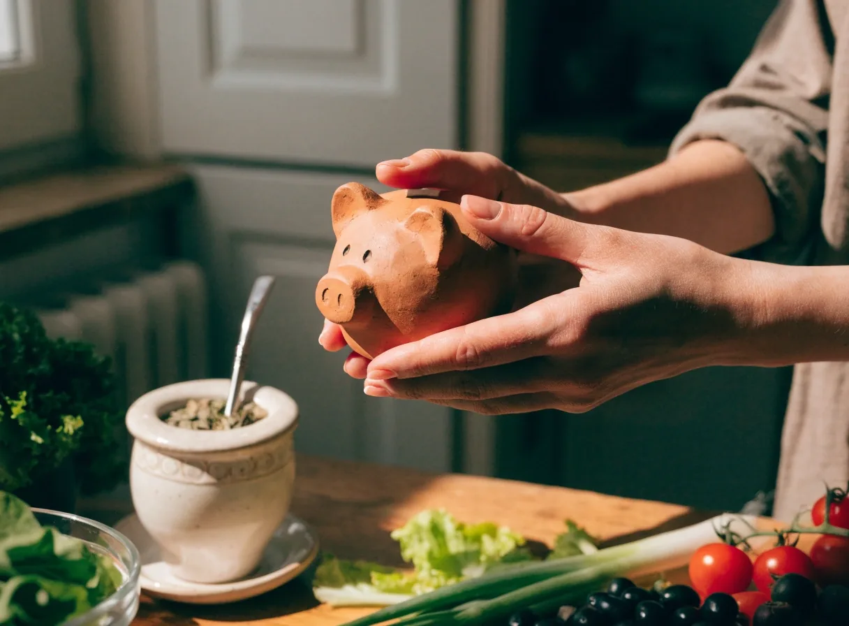 Manos sobre una mesa de cocina ordenando monedas en frascos junto a un cuaderno abierto