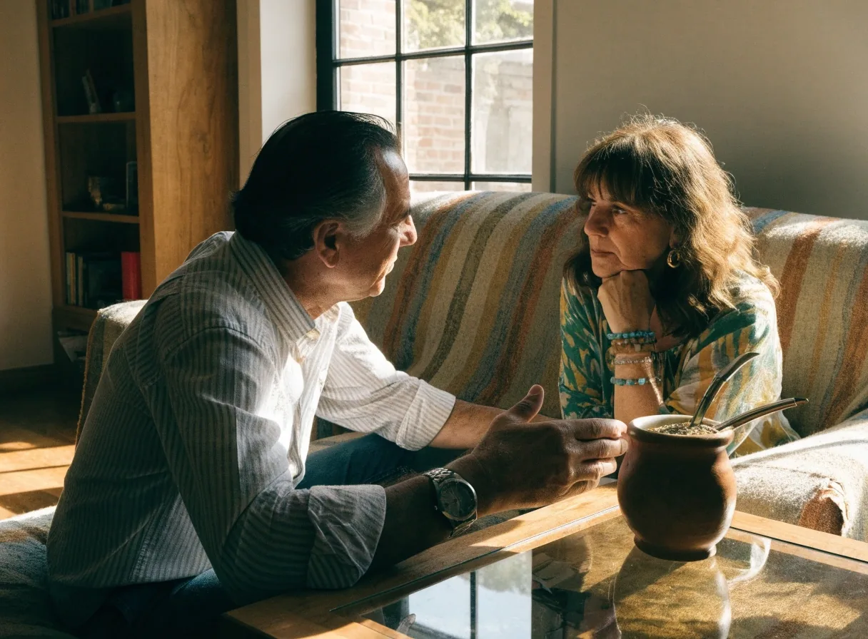 Dos adultos revisando juntos el cuaderno de gastos sobre la mesa de la cocina