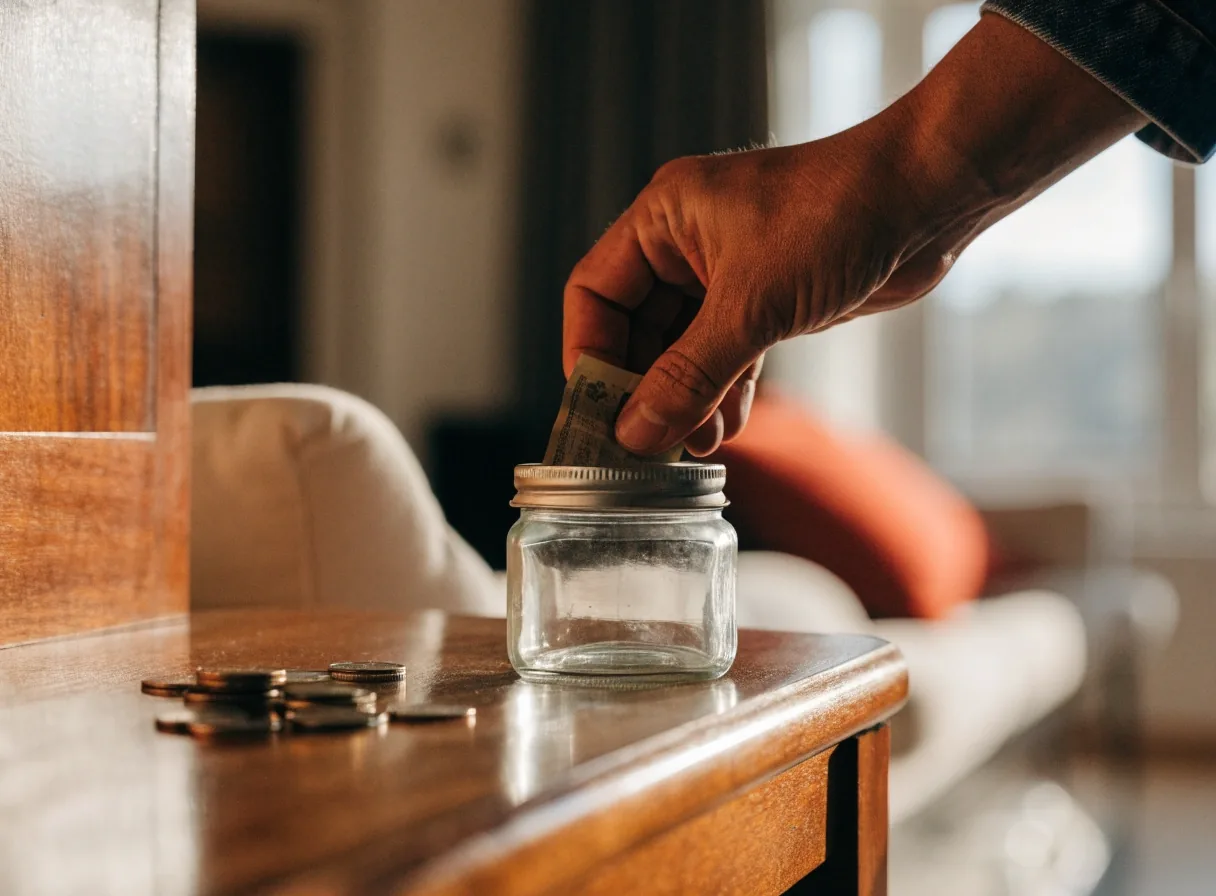 Frasco de vidrio con billetes doblados sobre una repisa, el fondo de imprevistos de la casa