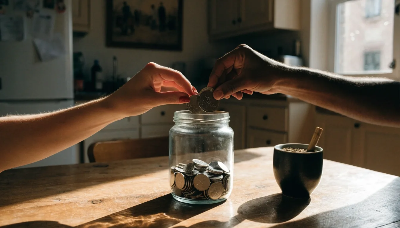 Mesa de cocina a media tarde con un cuaderno de gastos a mano, un frasco de ahorro y monedas contadas por dos adultos