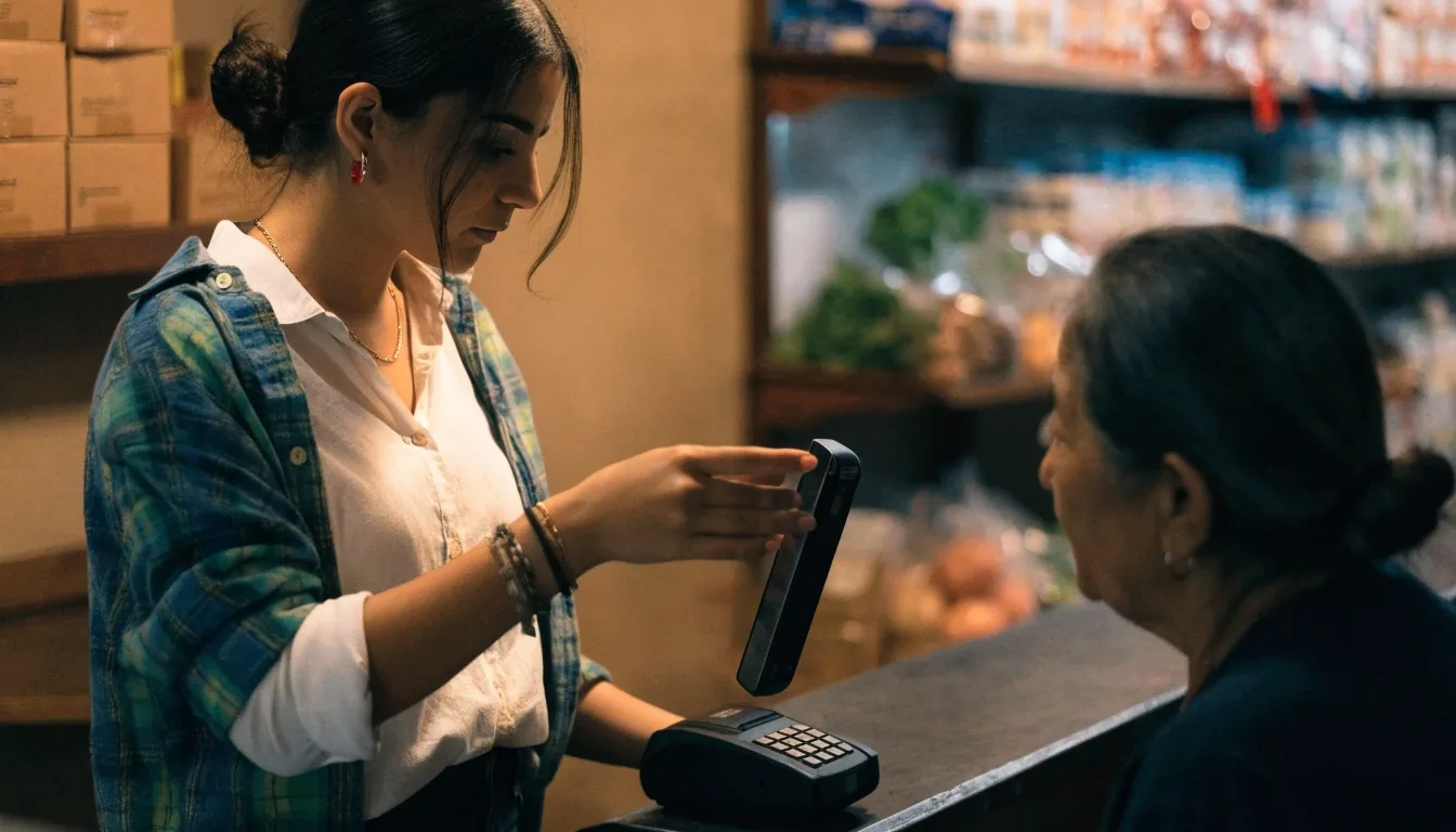 Teléfono apoyado con la pantalla apagada junto a una tarjeta y un frasco de ahorro