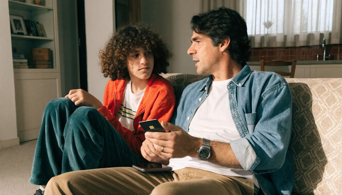 Una adolescente y un adulto conversando de lado a la mesa de la cocina