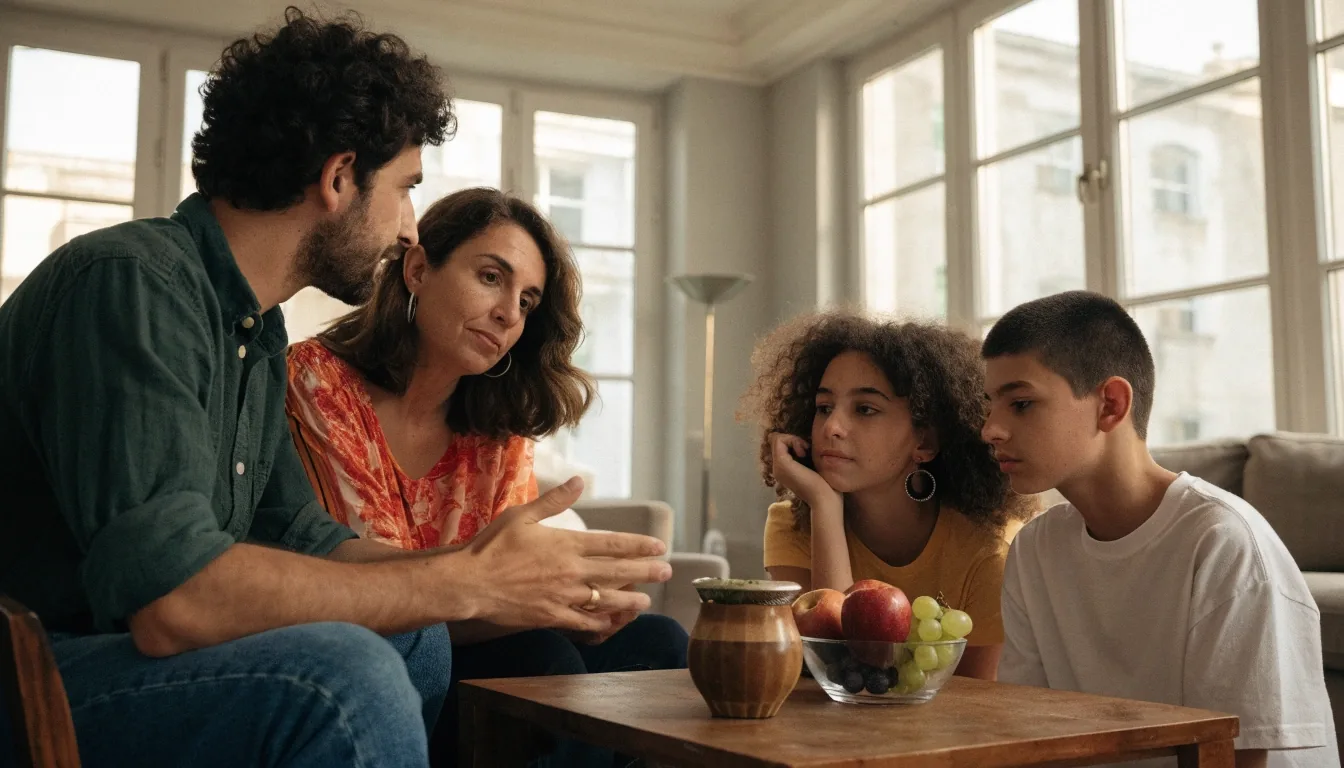 Frasco de ahorro con billetes doblados sobre la mesa de la cocina, junto a un cuaderno abierto