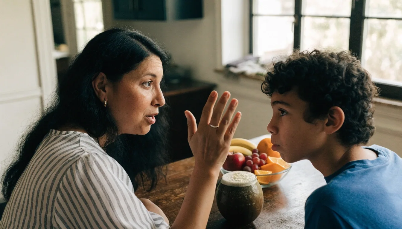 Madre y adolescente conversando sobre el presupuesto familiar en la mesa de la cocina