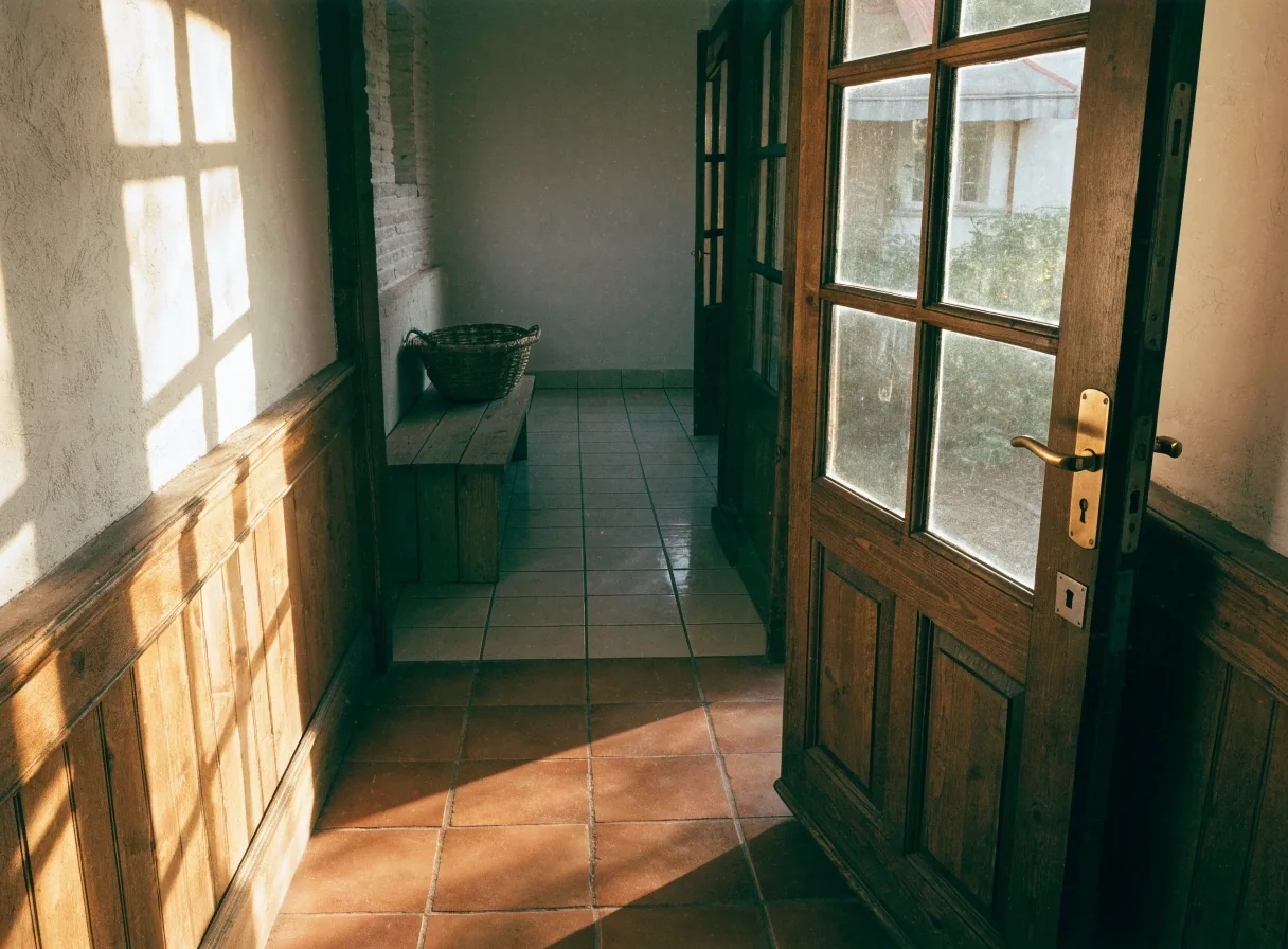 Puerta abierta de una casa con luz de tarde entrando al pasillo